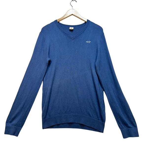 Hollister Mens V-Neck Sweater Medium Blue Knit Pullover Long Sleeve Casual - Picture 1 of 13